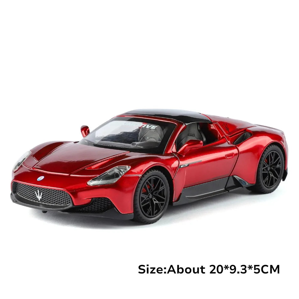 1:24 MC20 GT2 Sportscar Model Alloy Diecast Toys Front Wheel Steering Sound Light Pull Back Miniature Vehices Kid Christmas Gift