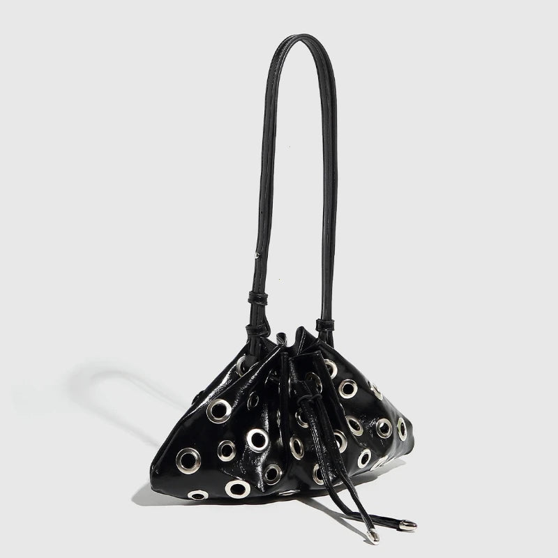 Women Metal Stud Y2k Shoulder Bag Large Capacity Retro Hollow Handbag Drawstring Crossbody Bag Shopping Vacation Handbag