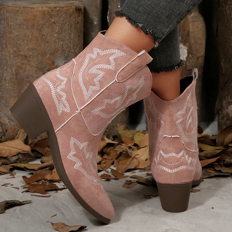 Vintage Embroidery Pattern Boots Women 2025 Square Heel Pointed Toe Ankle Boots Woman Comfortable Faux Suede Booties Mujer
