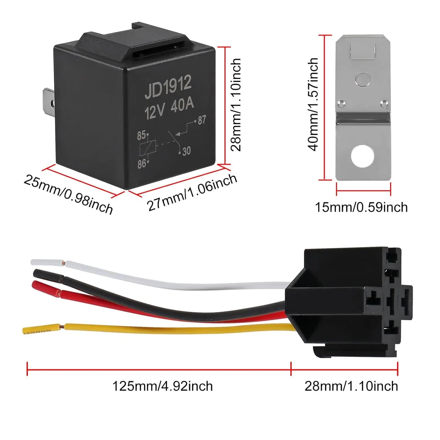 4Pack JD1912 Car Relay Harness 12V 40A 4 Pin SPST 12AWG Harness Sockets with Color-Labeled Wires for Automotive Truck Van Motorc