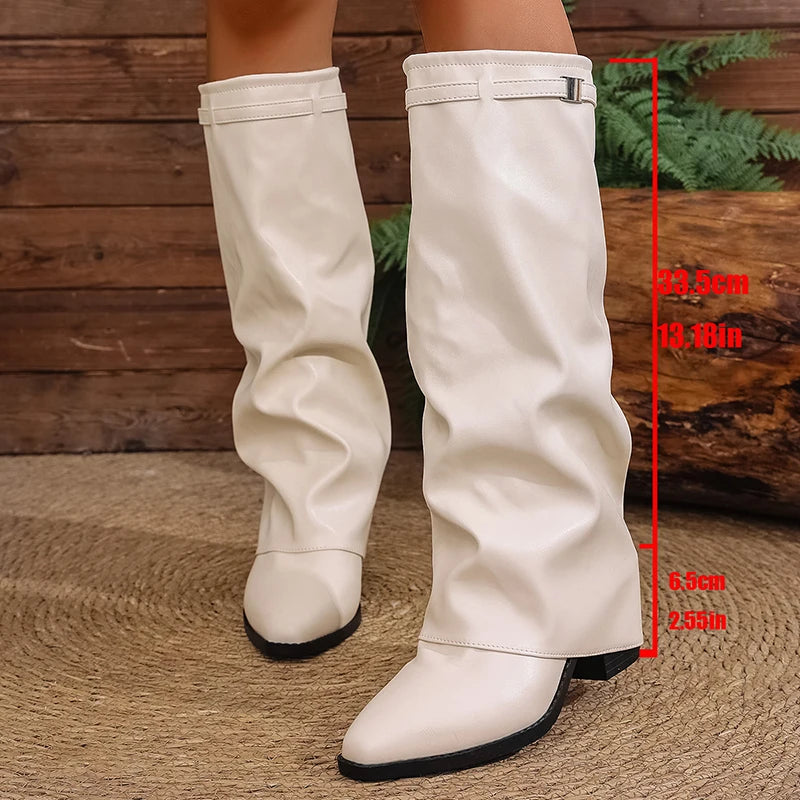 2025 Fashion High Heel Knee High Boots Women Punk Pointed Toe Bike Long Boots Woman Autumn Winter Pu Leather Botas Mujer 36-43
