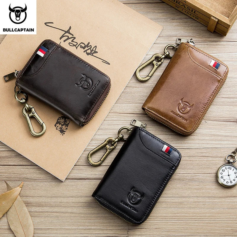 BULLCAPTAIN Leather Men's Key Bag Fashion Storage Bags Car Cover Compact Mini Card Holder Coin Purse Man Butler Keychain