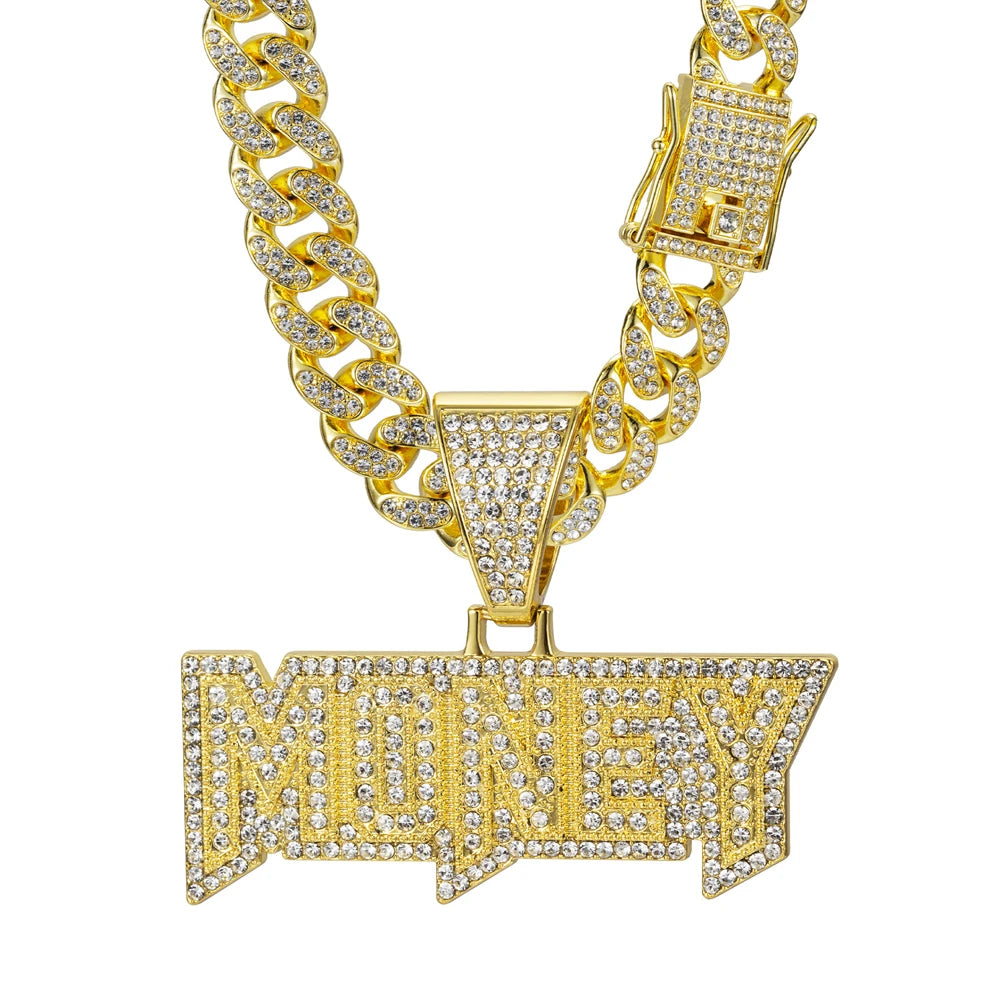 Men Women Hip Hop Money Letter  Pendant Necklaces 13MM Cuban chain Iced out Bling Alloy Rhinestone Hiphop Fashion Charm Jewelry