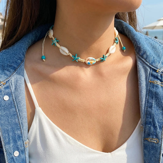2026 Summer Boho Cowrie Shell Choker Necklace for Women Girls Y2K Cute Blue Starfish Beads Collar Beach Vacation Jewelry Gift