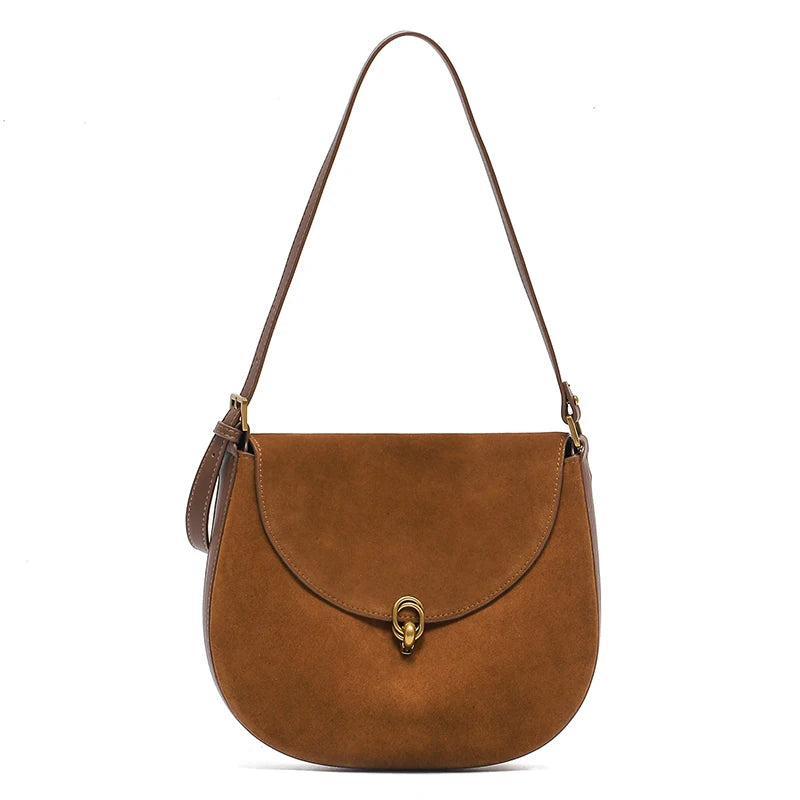Genuine Cowhide Leather Saddle Bag for Women Large capacity Crossbody Bag Suede Leather Shoulder Bag with Gold Buckle Closure