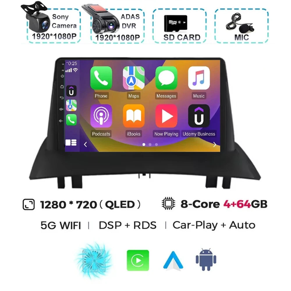 For Renault Megane 2 2002-2009 2K QLED Android 15 Android Car Radio Multimedia Video Player GPS Stereo CarPlay 4G Navigationv BT