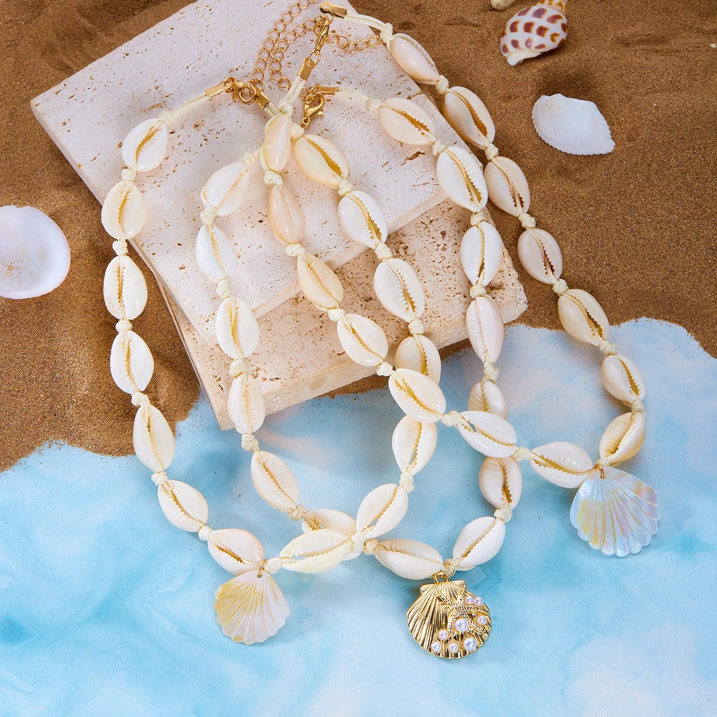 Bohemian Pearl Shell Choker Necklace For Women Girls Boho Beach Shell Pendant Rope Chain Necklace Summer Vacation Jewelry Gift