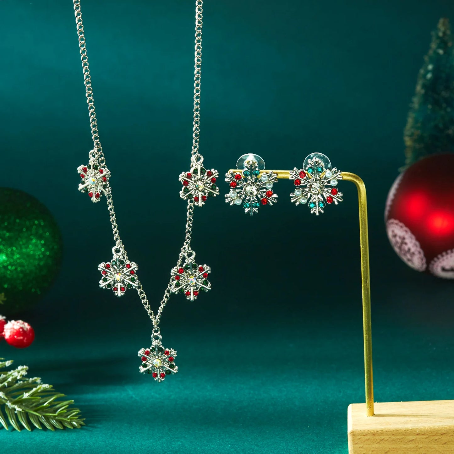 Christmas Colorful Rhinestone Imitation Pearl Snowflake Necklace Earrings Set For Women 2026 Xmas Jewelry Set Holiday Party Gift