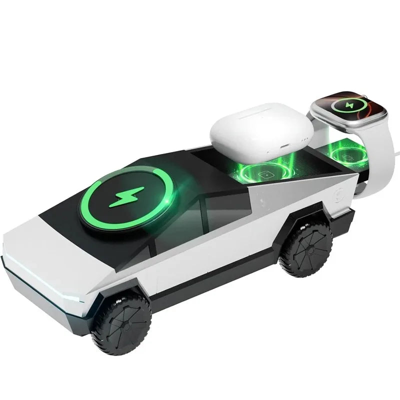 3 in 1 Magnetic Fast Wireless Charger Desktop Cybertruck Phone Stand For IPhone 17 16 Pro Max Apple & Samsung Watch Airpods Pro