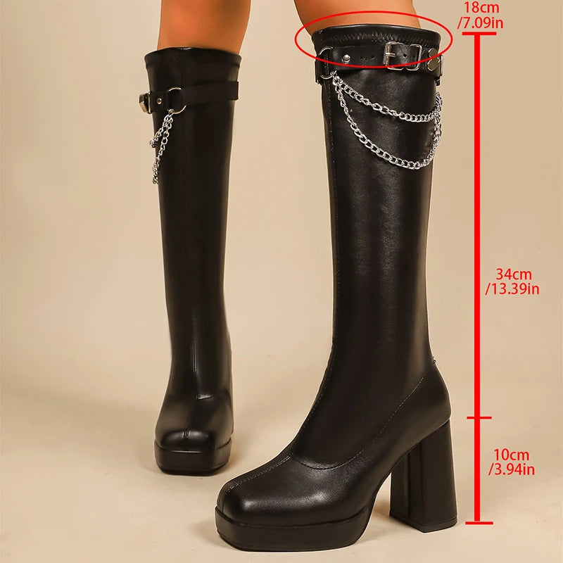 Metal Chain Chunky High Heels Knee The Boots Women Punk Belt Buckle Platform Long Boots Woman Goth Thick Heeled Pu Leather Botas