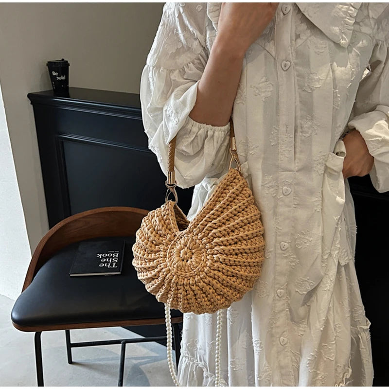 Khaki Conch Shell Knit Crossbody Shoulder Bag Pearl Chain Woven Women Sling Bag