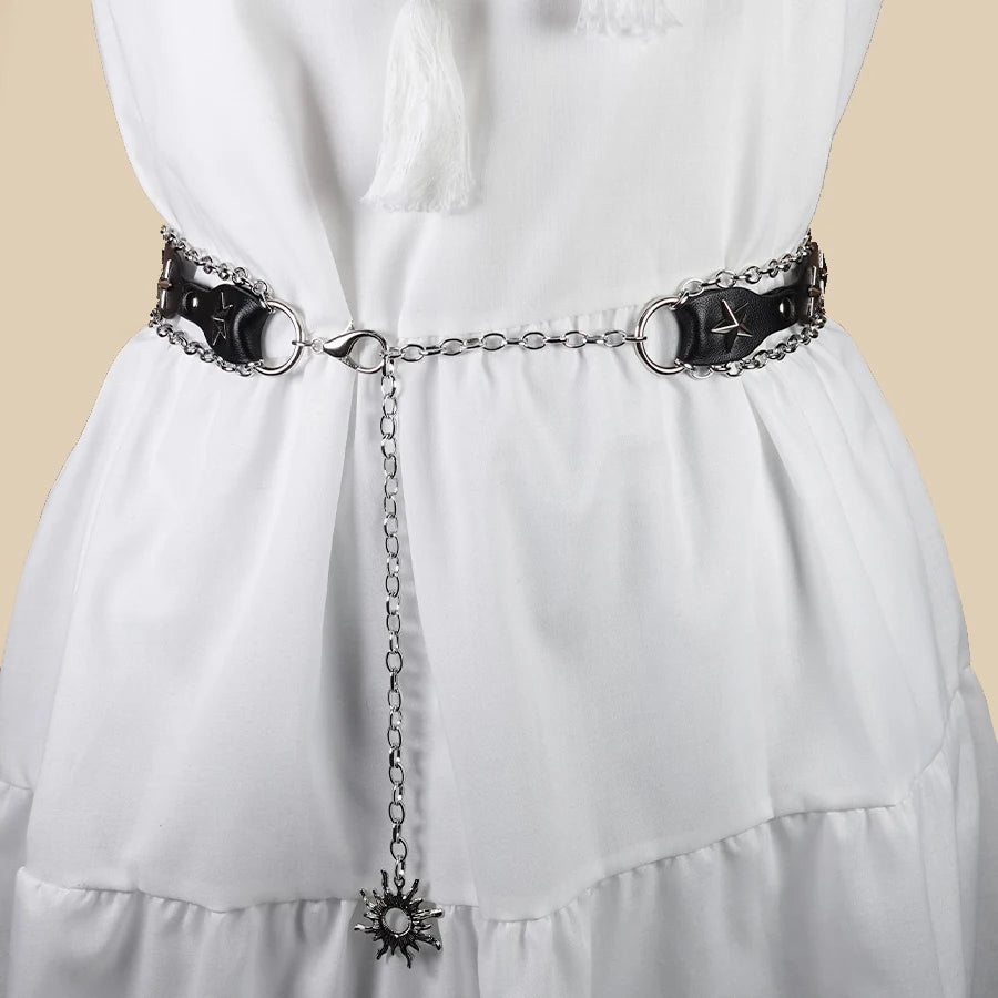 Western Cowgirl Style Pu Belt with Metal Rings - Y2K Retro Rivet Chain Waistband for Dresses & Holiday Dates