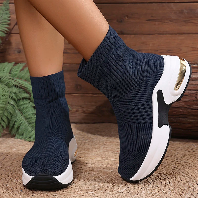 2025 Thick Bottom Knitted Ankle Boots Women Comfort Breathable Platform Sock Shoes Woman Plus Size Wedges Short Booties Mujer