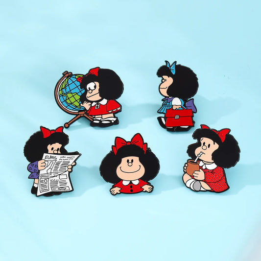 5 Pcs Anime Mafalda Cute Character Brooch Individuality Enamel Pin Backpack Clothing Jewelry Metal Badge Accessories Gift