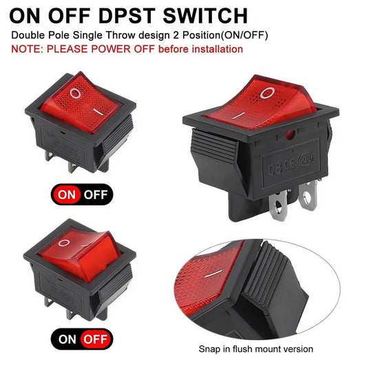 8pcs KCD4 Rocker Switches DPST 4-Pin, 16A 250V AC/125V, 40A 12V DC - Red Lighted ON/Off Toggle Heavy Duty for Boats, Heat Presse