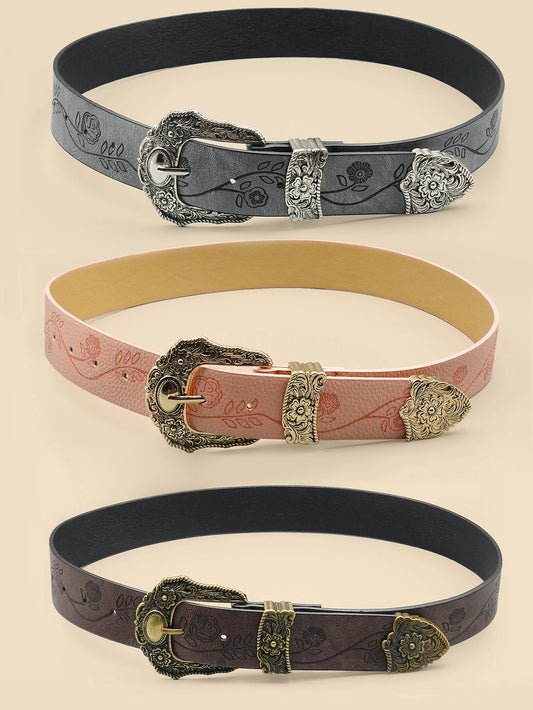 Western Style Printed Solid Color Pu Belt Buckle, Retro Casual Women's Belt, Classic Jeans Decorative Belt