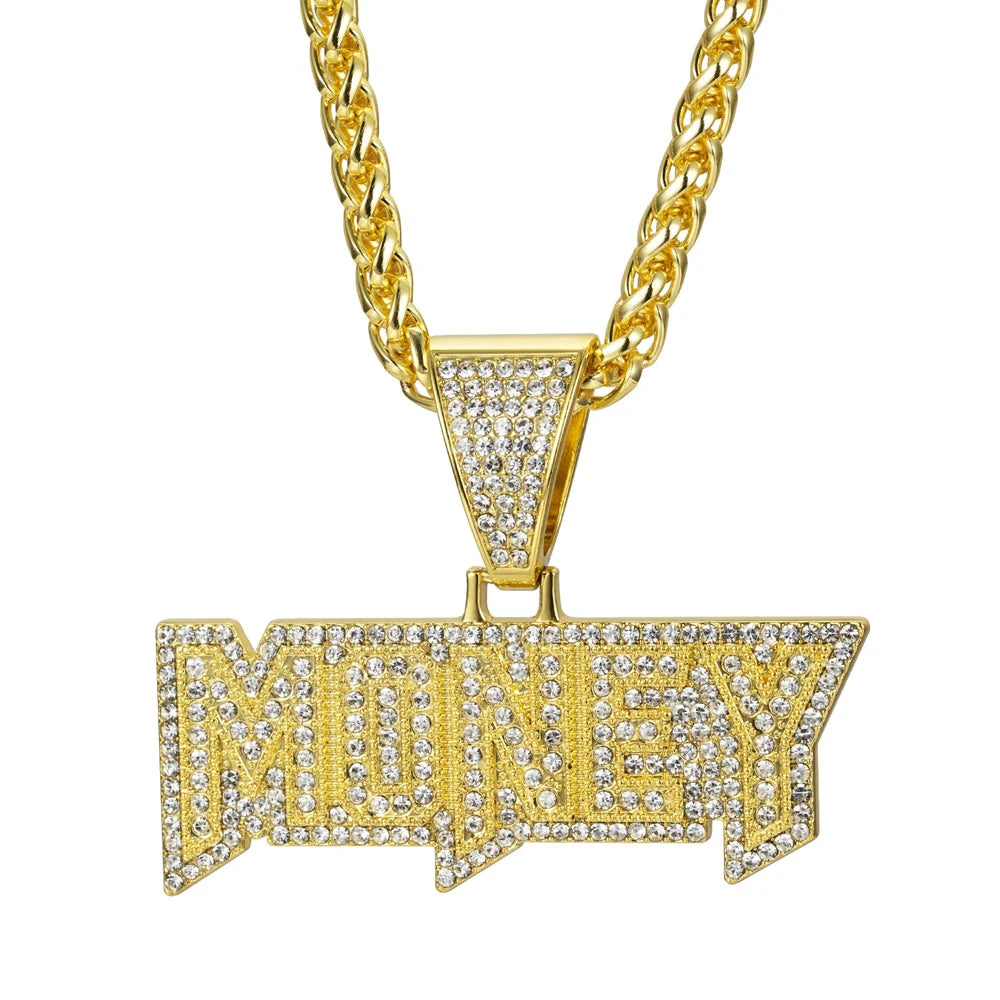 Men's Luxury Iced Out Bling Letter Money Pendants Necklace With Long Twist Rope Chain For Woman Men Hip Hop Jewelry Gift for Him