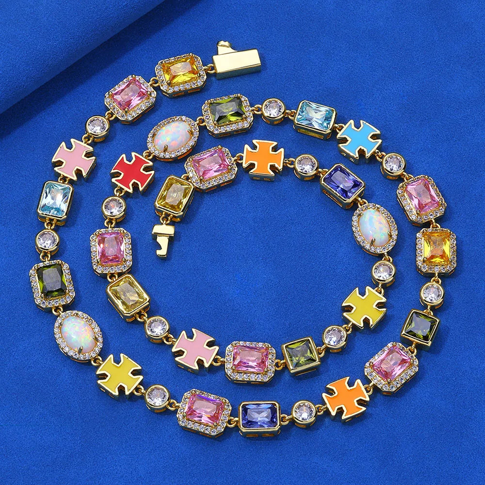 NY Big Gemstone Cross Necklace 10mm Multicolor Enamel Opal Chain Iced Out Jewels