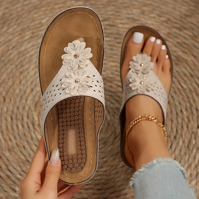 Pink Flower Wedge Heel Flip Flops Women Summer Massage Sole Clip Toe Platform Slippers Woman Light Thick Bottom Beach Sandals
