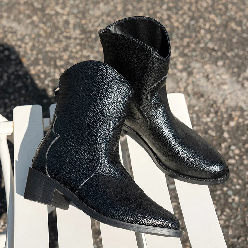 Vintage Black Pointed Toe Western Boots Women Slip On Thick Heels Ankle Boots Woman Back Zipper Autumn Winter Botas Mujer 36-42