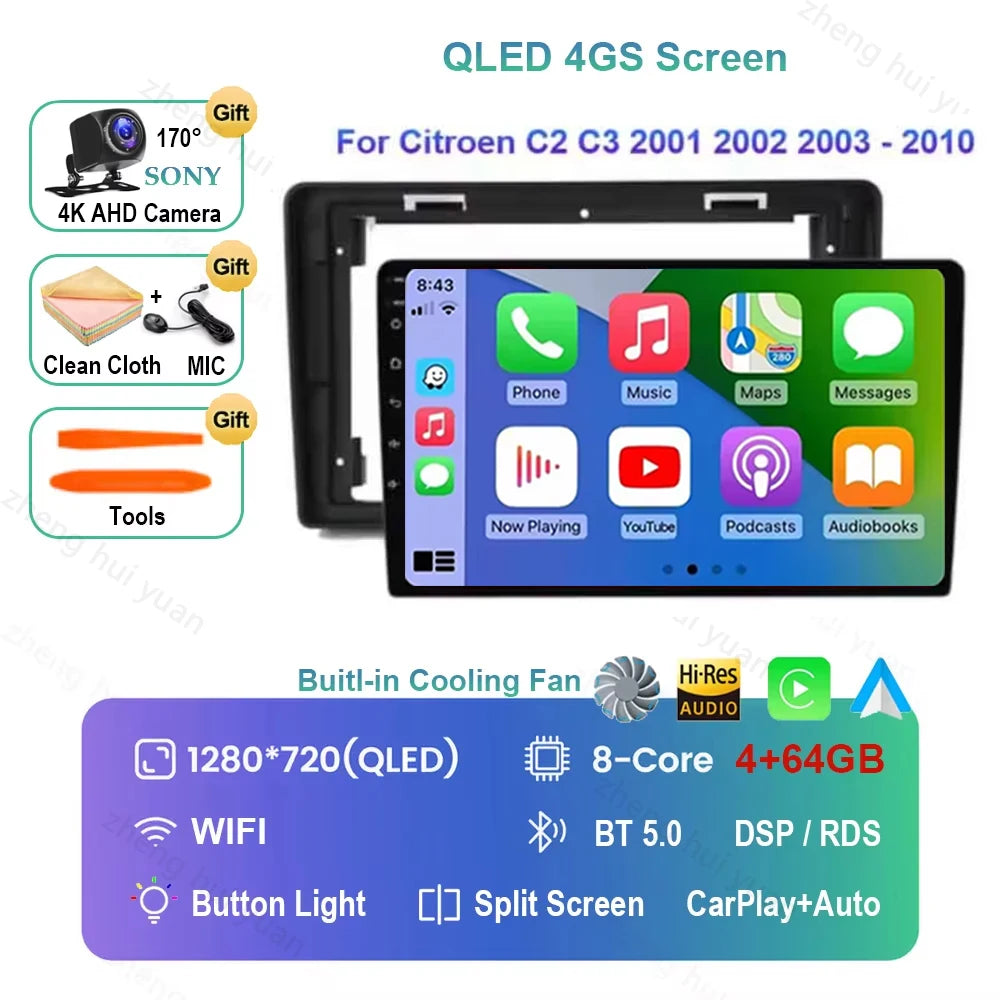 Android 16 CarPlay Auto Car Radio Multimedia navigation video Autoradio Stereo For Citroen C2 C3 2001 2002 2003 - 2010