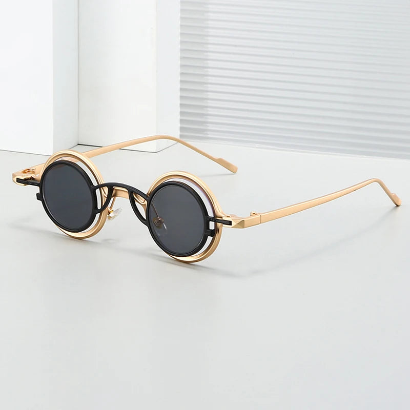 JNPCXI New 2 in 1 Punk Round Men Sunglasses Retro Rivets Women Gold Black Shades UV400 Sun Glasses