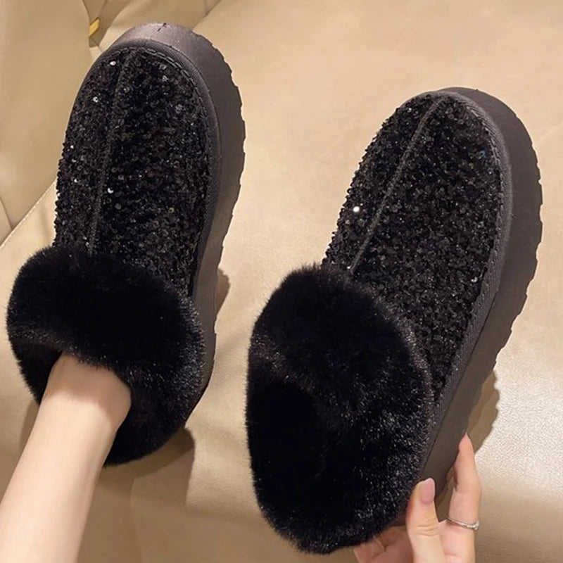 Fashion Bling Platform Snow Boots Women Winter Soft Faux Fur Plus Size Warm Boots Woman Non Slip Wear Resistant Botas Mujer