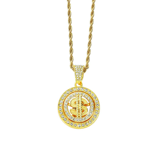 Hip Hop New Bling Rhinestone Dollar Pendants Necklace Rotatable US Dollar Money Sign Necklaces Men Hiphop Rap Rock Jewelry Gift