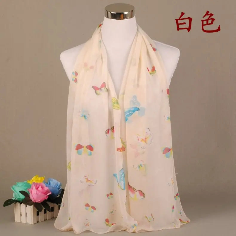 New Yiwu Colorful Little Butterfly Women's Printed Chiffon Long Scarves Wholesale Spring and Summer Printed Scarves