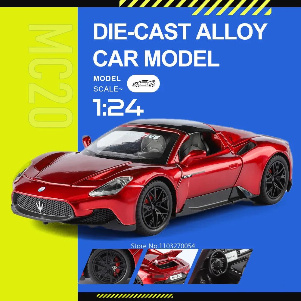 1:24 MC20 GT2 Sportscar Model Alloy Diecast Toys Front Wheel Steering Sound Light Pull Back Miniature Vehices Kid Christmas Gift