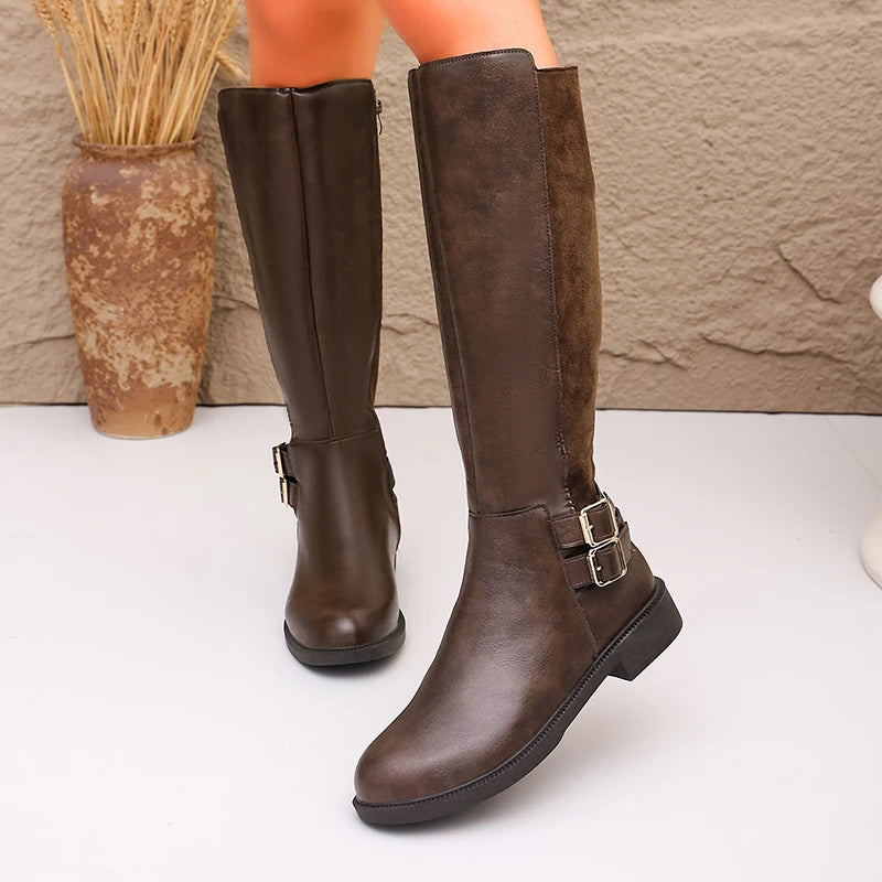 Fashion Buckle Brown Pu Leather Riding Boots Women Plus Size 43 Middle Heel Knee High Boots Woman Round Toe Zipper Long Botas