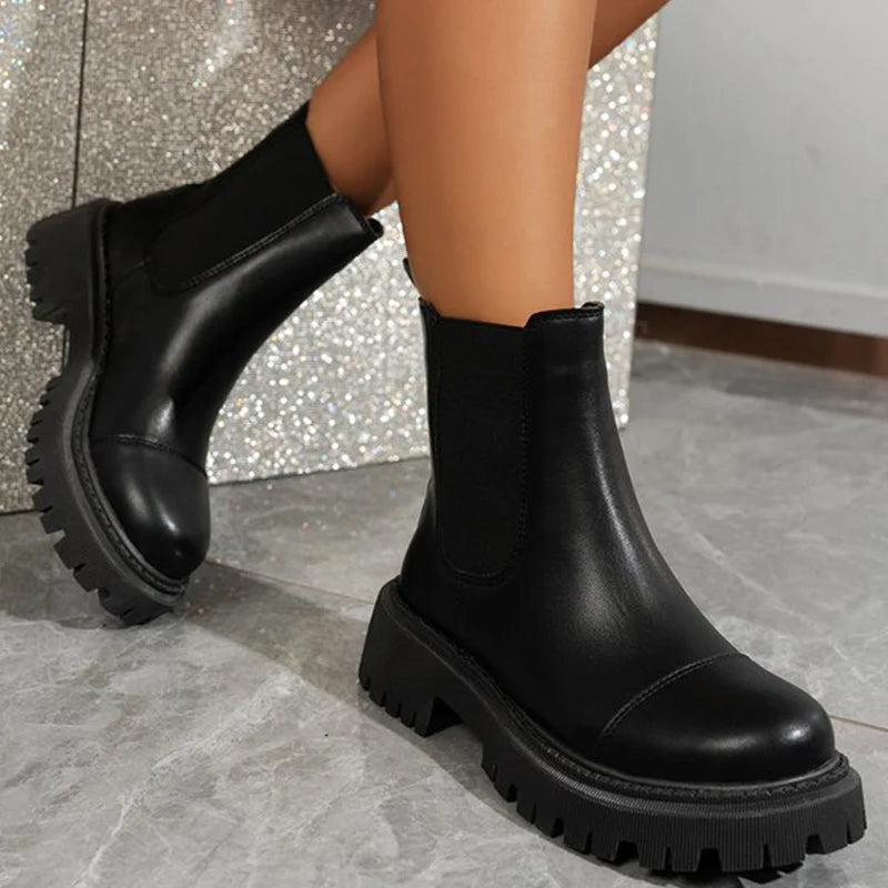 British Black Round Toe Ankle Boots for Women Autumn Winter Fashion Pu Leather Boots Woman Non-Slip Thick Platform Shoes Female