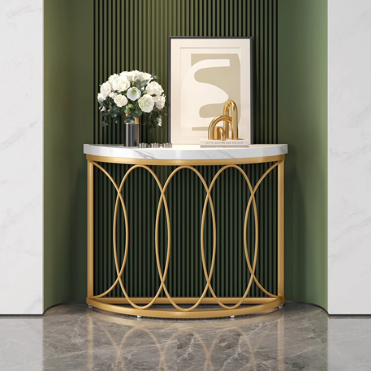 Tribesigns Half Moon Gold Console Table 43" Modern Entryway Table Geometric Fram