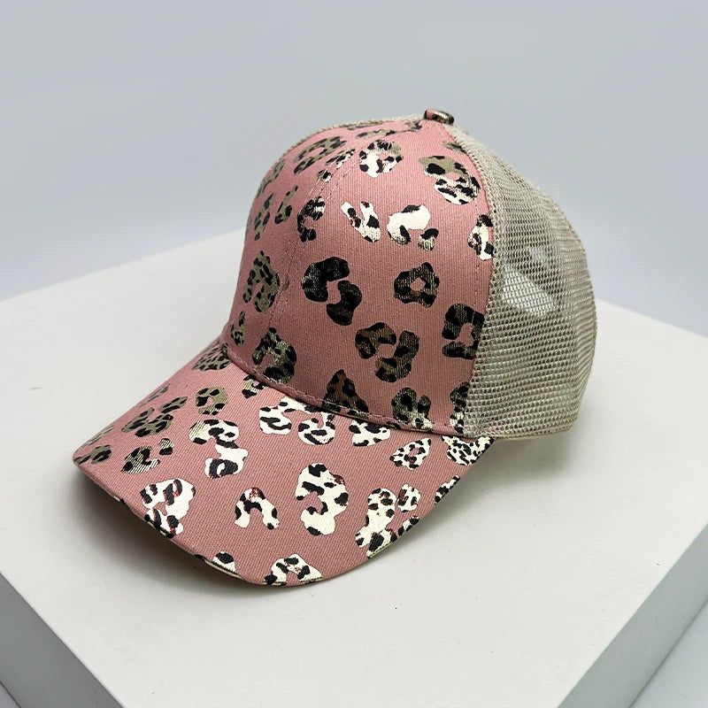 New Women Bronzing Leopard Print Criss Cross Tail Baseball Hats Mesh Breathable Sunshade Versatile Trucker caps Fashion Washed