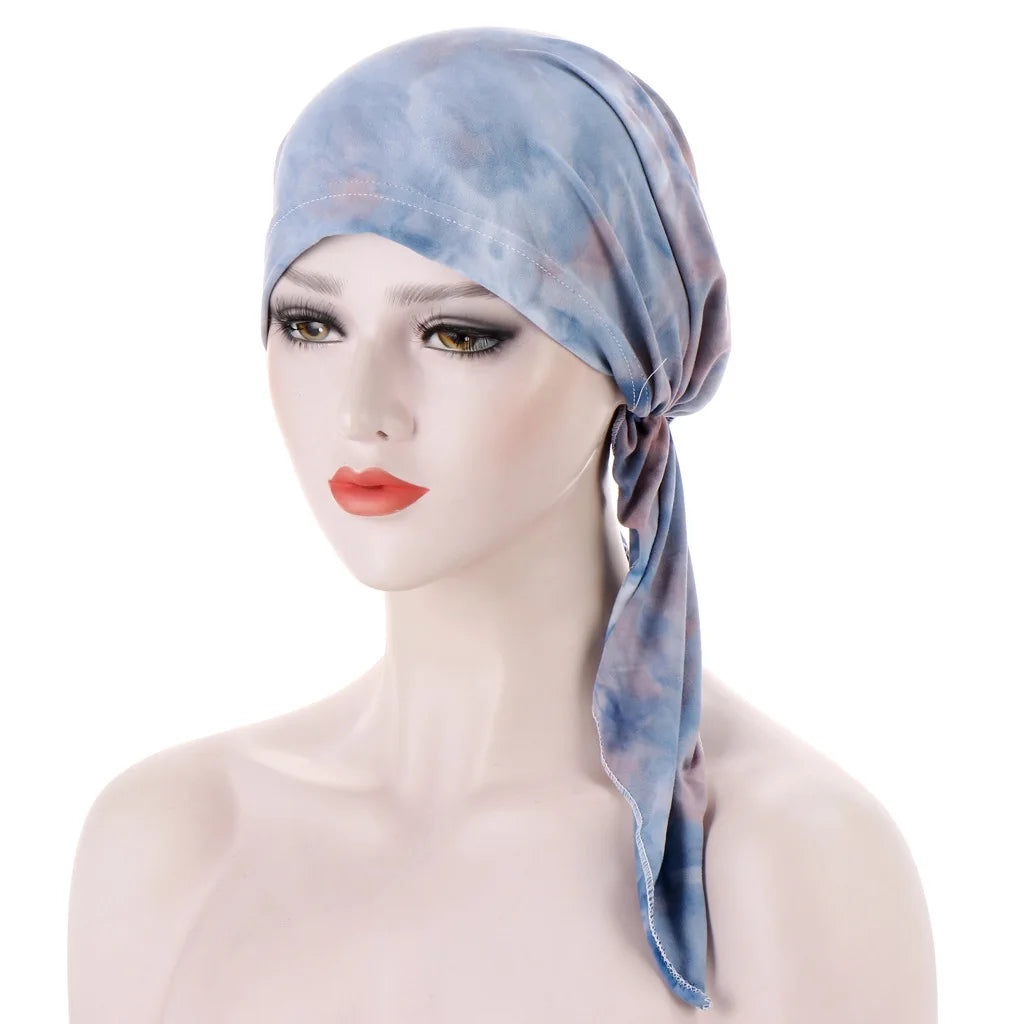 Trendy Print Women Muslim Hijab Caps Wrap Head Soft Elastic Long Tail Turban Bonnet Fashion Headdress Wearable