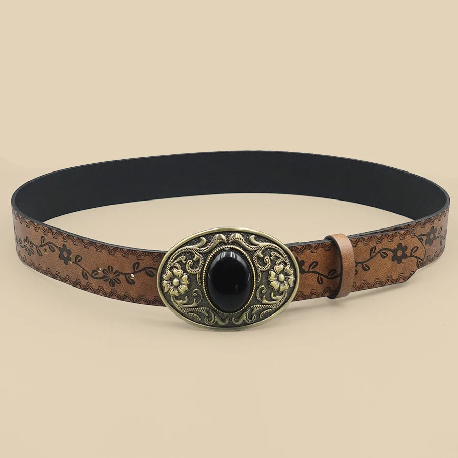 Retro Court Style Black Turquoise Inlaid Women's Belt, Western Denim Style, Niche Women's Belt, Carved Black Gemstone Belt