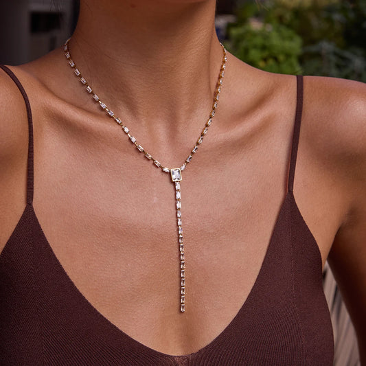 Uworld Classic Minimalist 18K Gold Color Plated White Square Zircon Inlay Y-Shape Necklace Waterproof Stainless Steel Jewelry