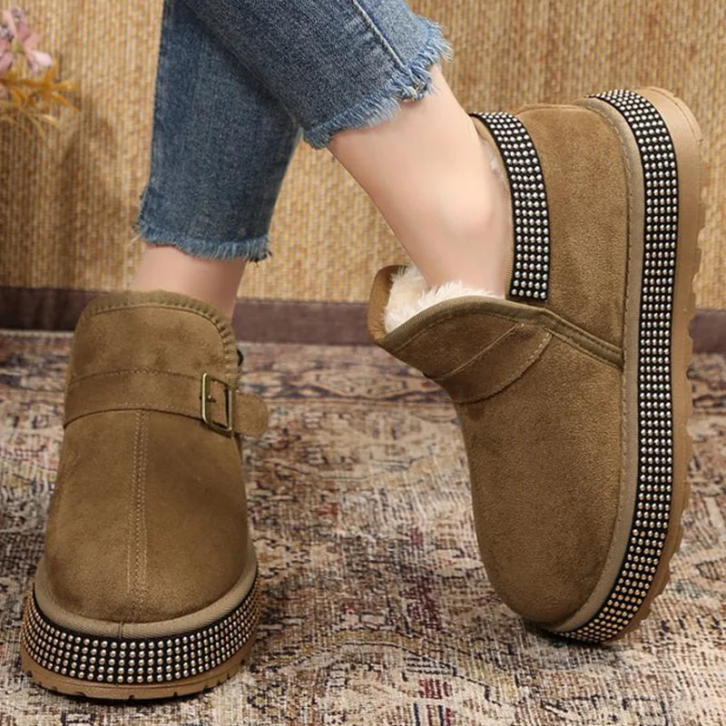 Winter Buckle Detor Ankle Boots Women Fashion Shiny Thick Bottom Snow Boots Woman Faux Suede Short Plush Warm Snow Boots Female