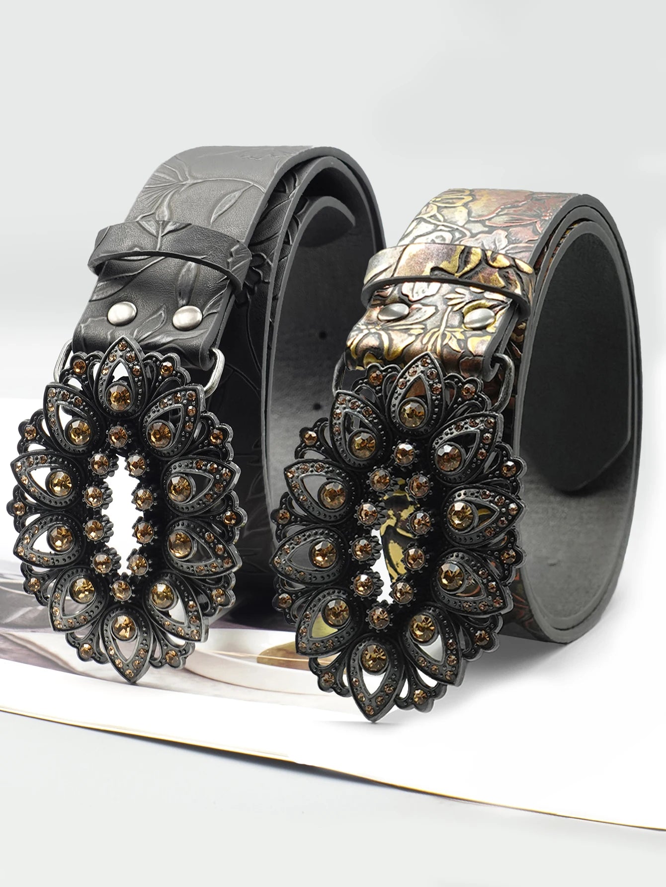 Elegant Retro Black Rhinestone Inlaid Women's Belt with Leaf Pattern Printed Belt, Classic Decoration, Fashionable Casual Belt