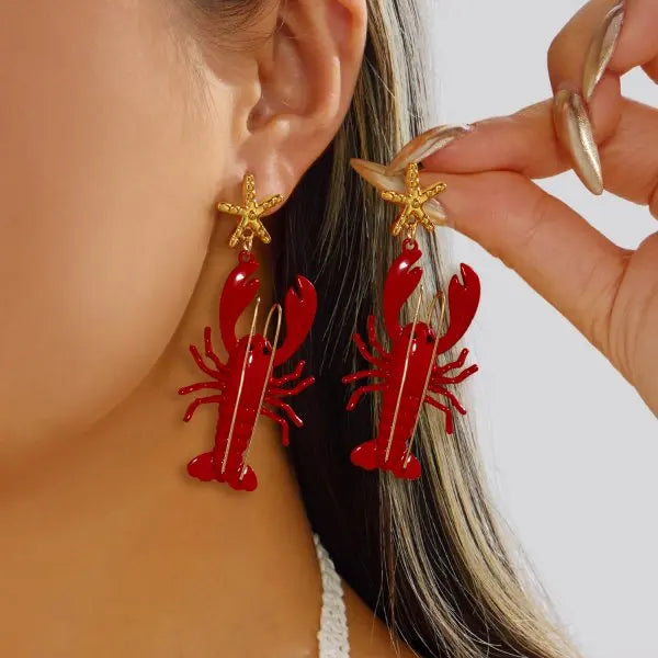 Funny Lobster Jewelry Set Beaded Necklace Dangle Earrings for Women Cute Ocean Animal Boho Beach Vacation Accessories