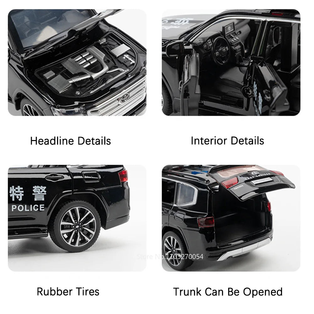 1:32 Prado Land Cruiser LC300 Police Car Metal Model Toy Alloy Diecast Vehice Rubber Tire Sound Light Pull Back Toy Gift for Kid