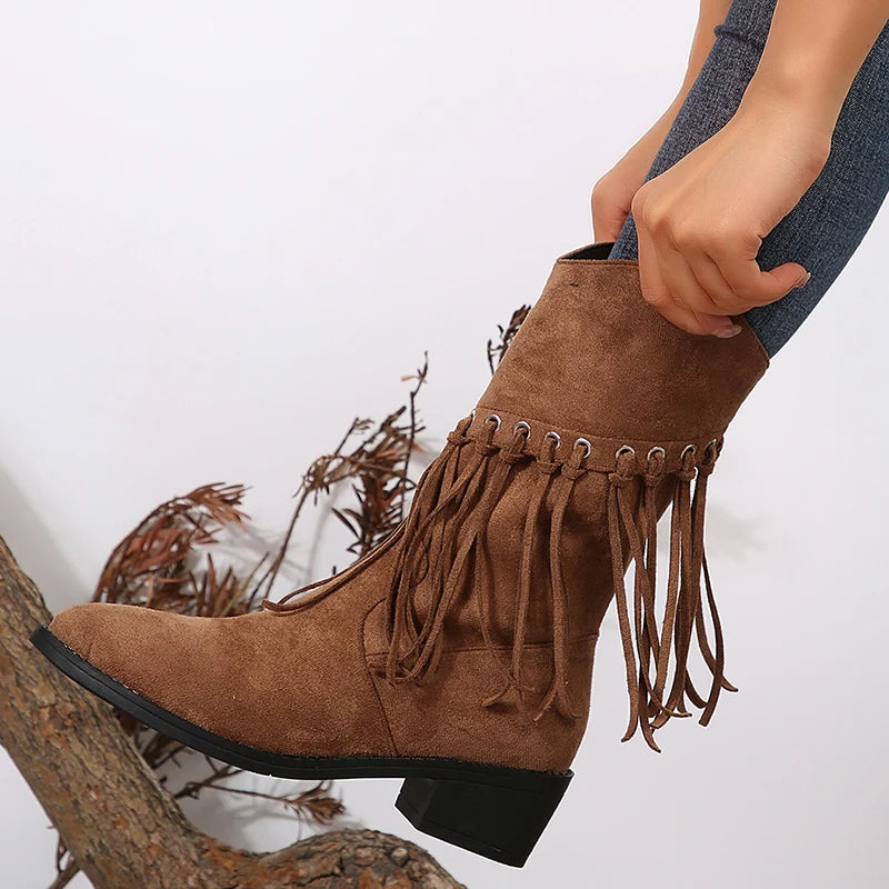 Vintage Tassels Thick Heels Mid Calf Boots Women Autumn Winter Pointed Toe Western Boots Woman Plus Size 43 Zipper Cowboy Botas