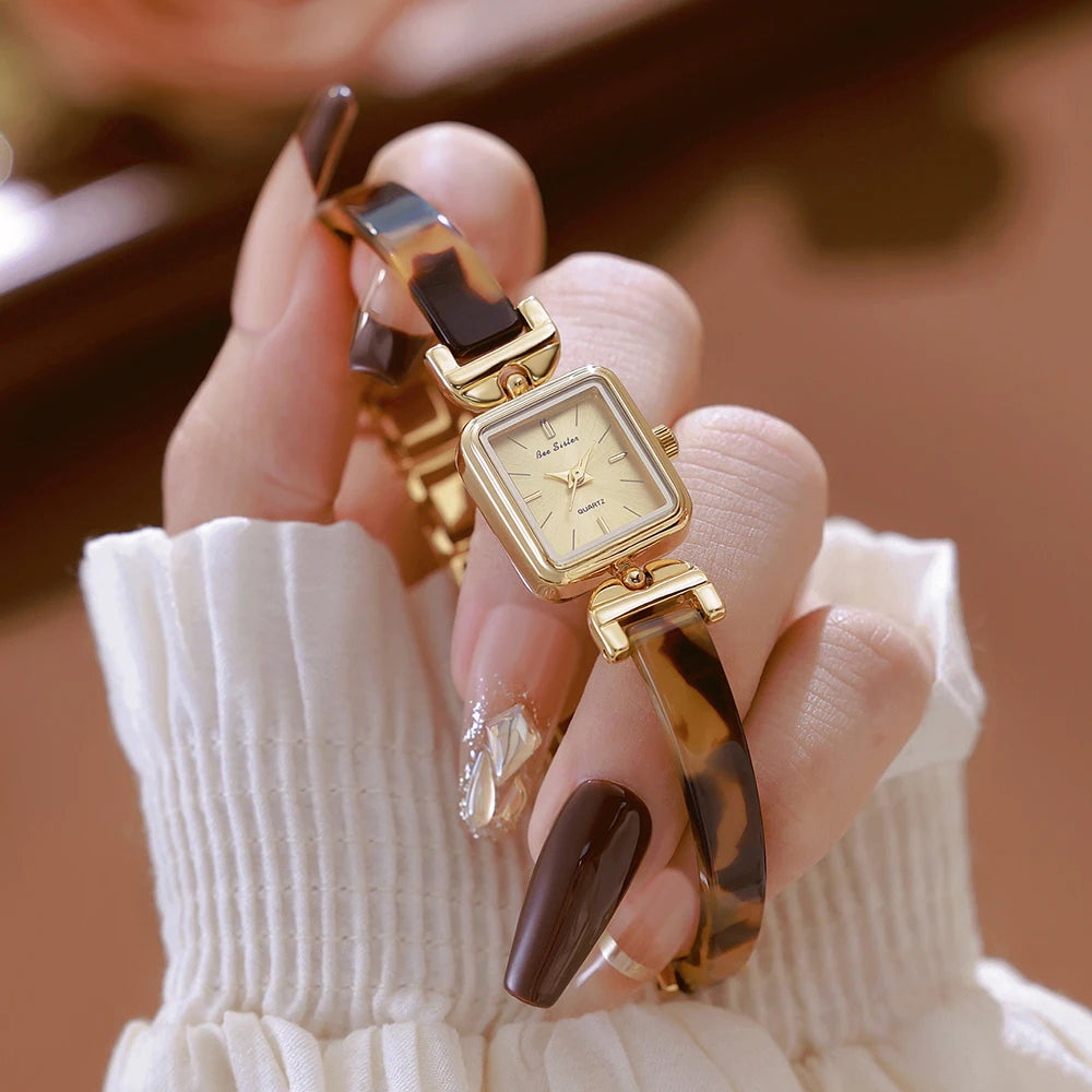 Bee Sister Ladies Watches New 2025 Luxury Tortoiseshell Amber Watches For Woman Vintage Bracelet Wristwatch Square