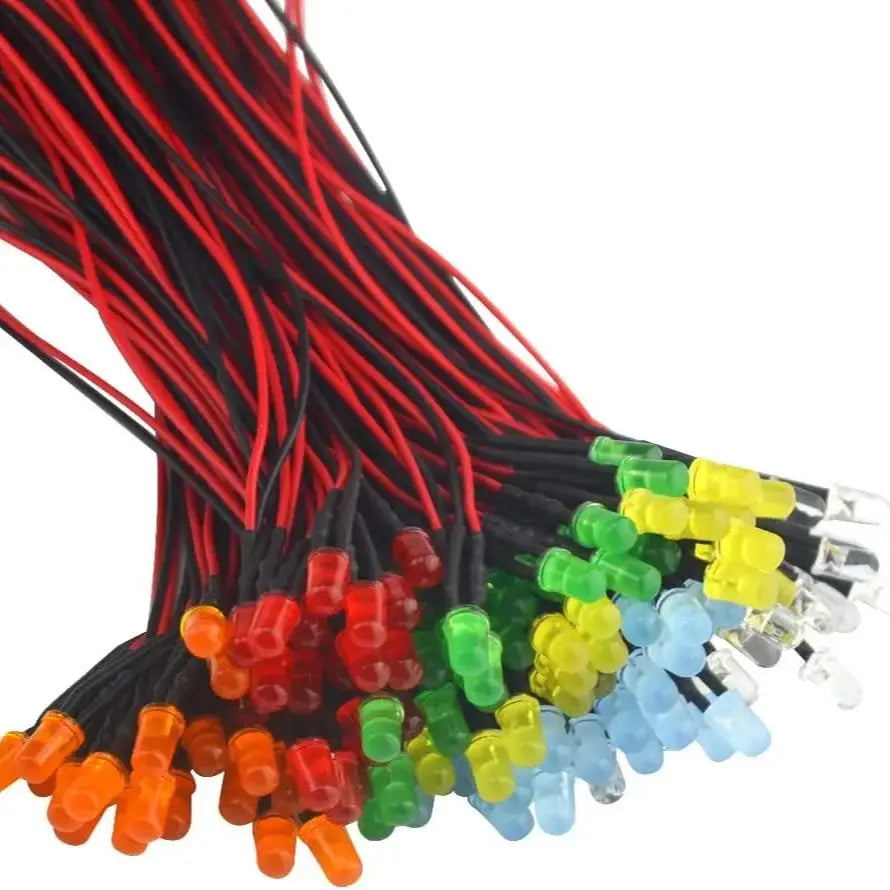 50/150pcs 12V 5mm LED Diode Lights 7.9 Inch Pre Wired 5 Colors X 10/30pcs Assorted Kit White Red Green Blue Yellow Emitting