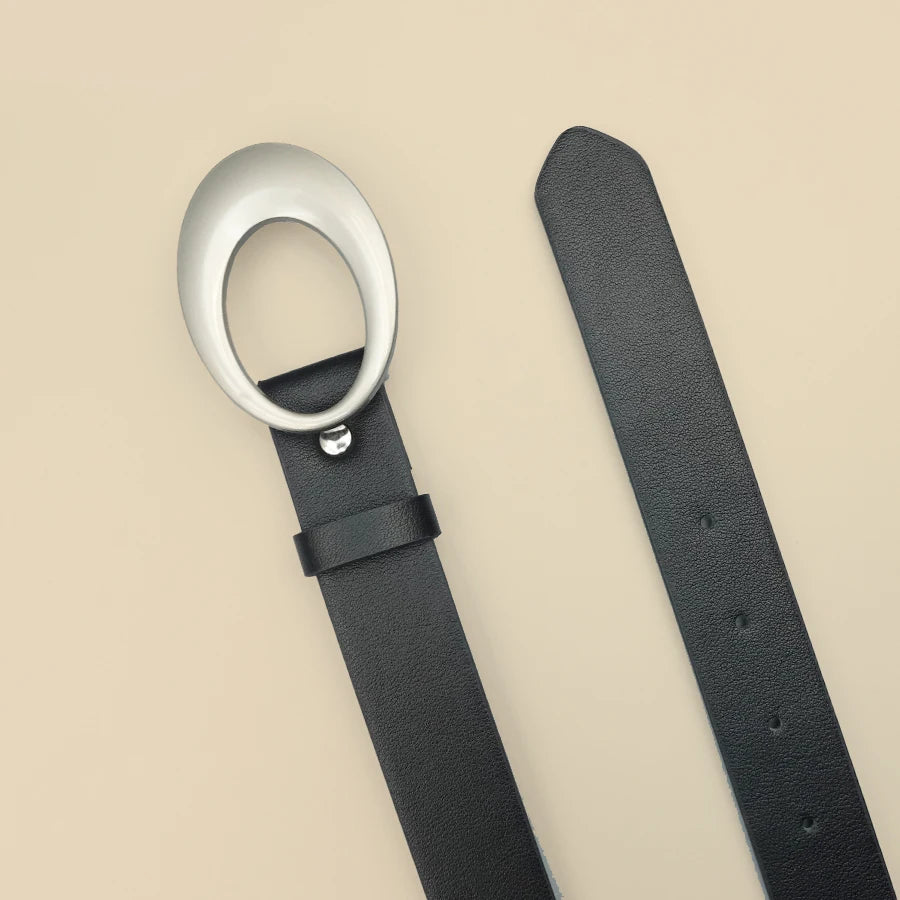 Black Casual Women's Belt, Oval Hollow Matte Buckle, Retro Pu Leather Fashionable Belt, Dress, Jeans, Shirt Accessories