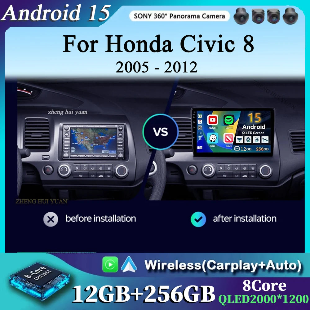 For Honda Civic 8 2005 - 2012 Android 15 Carplay Auto 4G WIFI Car Radio Multimedia Stereo Video Player GPS Navigation Plug and P