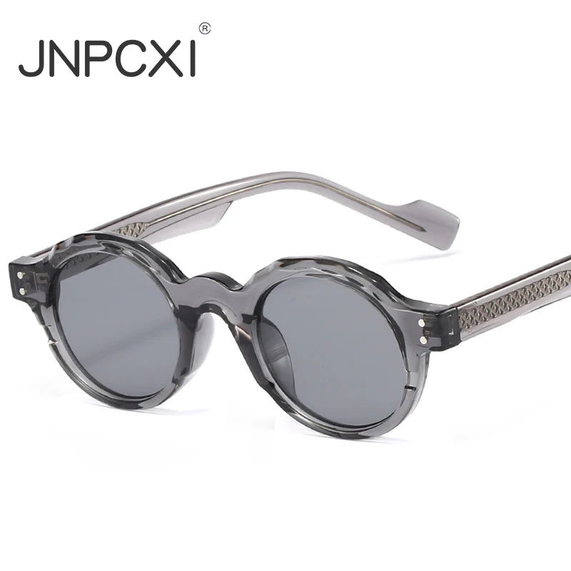 JNPCXI New TR90 Polygon Round Men Sunglasses Retro Rivets Women Gray Shades UV400 Sun Glasses