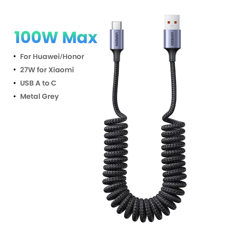 UGREEN 6A SuperCharge For Huawei Honor USB Type C Cable 100W/88W/66W Spring Pull Telescopic Fast Charging Braided USB-C Cable