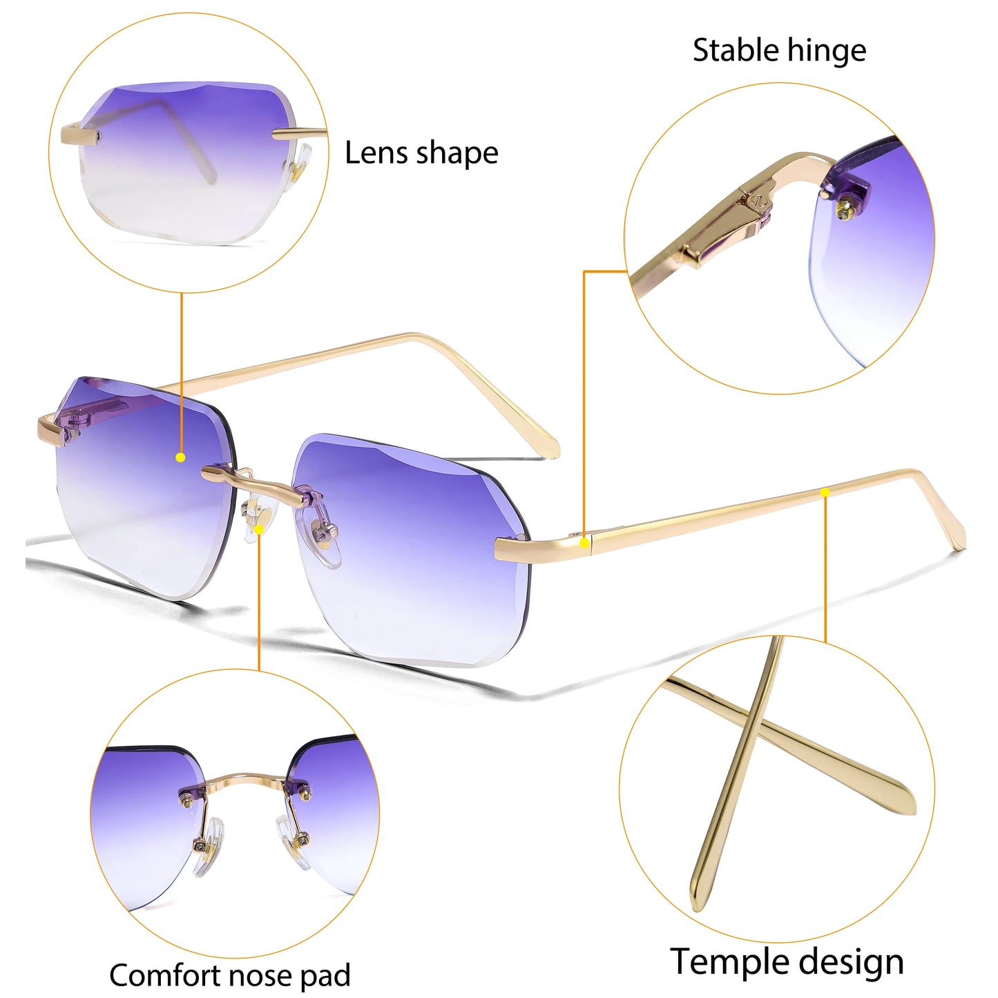 CATERSIDE Vintage Frameless Men's Sunglasses with Design Sense Lenses Metal Temple Sunglasses Women's Party Travel Sunglasses