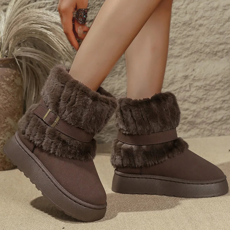 Fashion Buckle Fluffy Fur Boots Women Comfortable Winter Slip On Platform Snow Boots Woman Thick Sole Furry Ankle Botas Mujer
